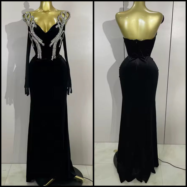 Women Sexy Strapless Rhinestone Black Velour Maxi Dress