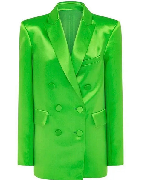 Women Sexy Green Satin Blazer Two Piece Skirt Set