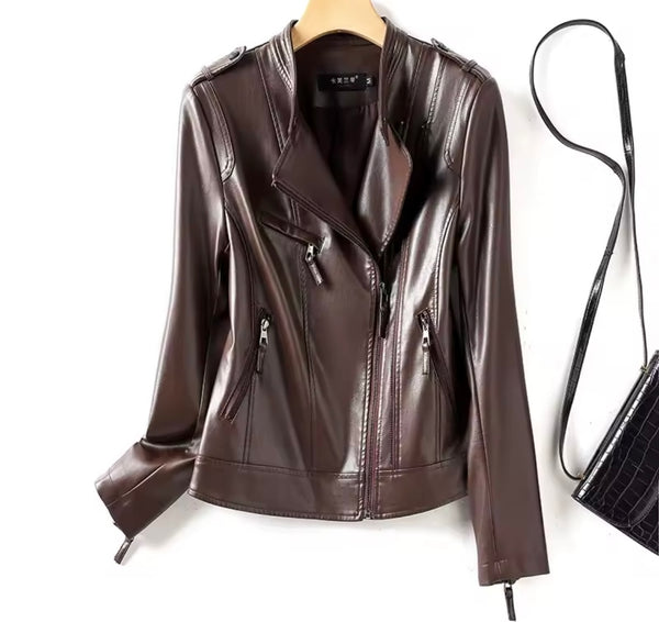 Women Color Fashion Faux Leather Jacket