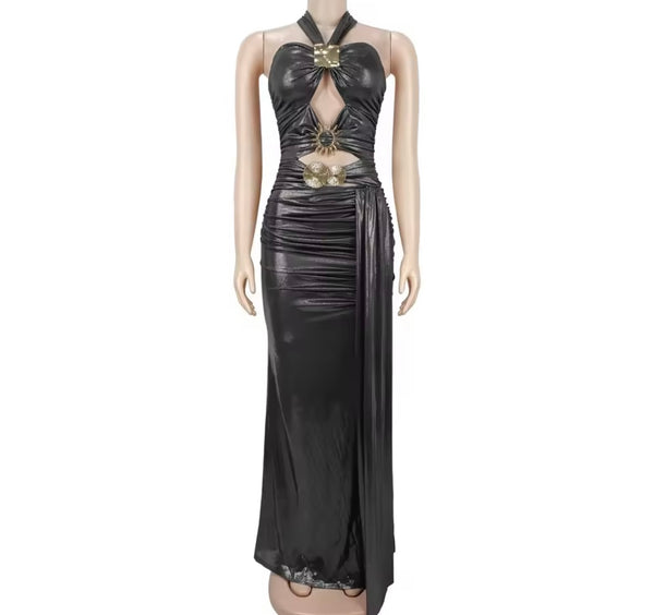 Women Sexy Metallic Halter Sleeveless Cut Out Maxi Dress