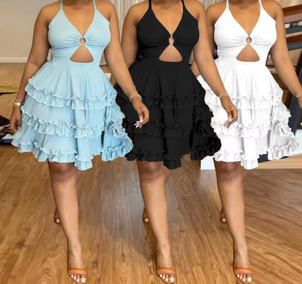 Women Sexy Sleeveless Cut Out Ruffled Dress