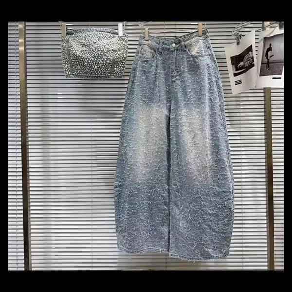 Women Pearl Strapless Tube Top Fashion Denim Two Piece Pant Set