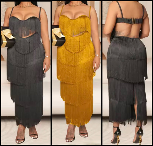 Women Sexy Sleeveless Open Back Fringe Tassel Maxi Dress