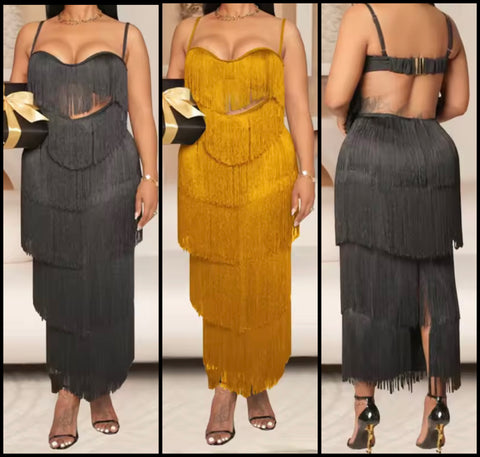 Women Sexy Sleeveless Open Back Fringe Tassel Maxi Dress