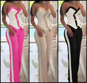 Women Sexy Chain Sleeveless Button Color Patchwork Two Piece Pant Set