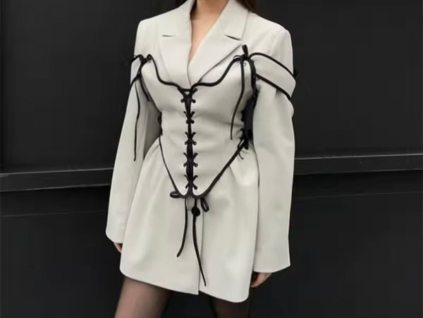 Women Sexy Fashion Lace Up Corset Full Sleeve Blazer Dress