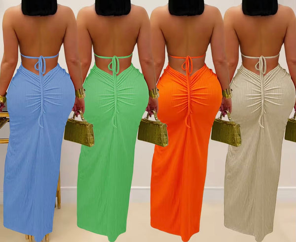 Women Halter Sleeveless Open Back Color Sexy Maxi Dress