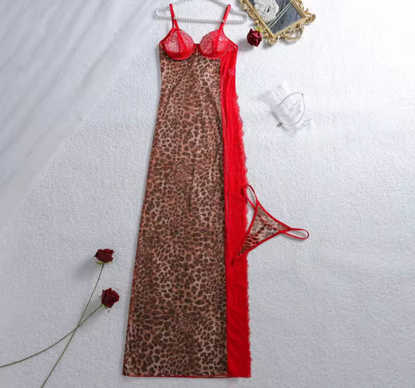 Women Sexy Red Lace Leopard Mesh Nightgown Set
