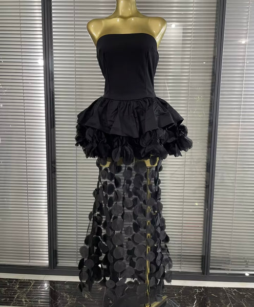 Women Sexy Strapless Ruffle Floral Mesh Patchwork Maxi Dress