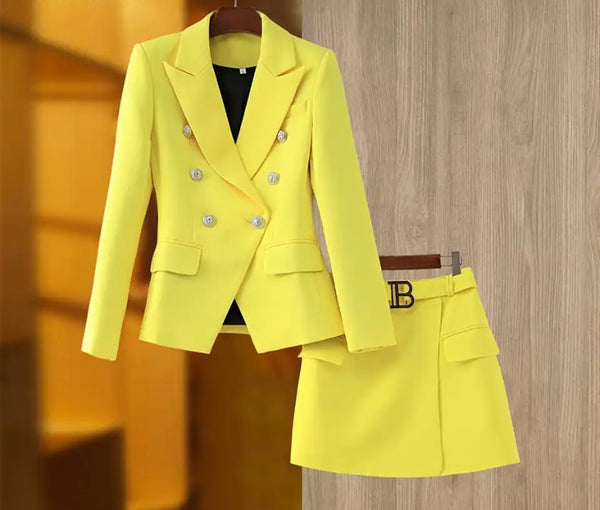 Women Yellow Fashion Two Piece Blazer Skirt Set