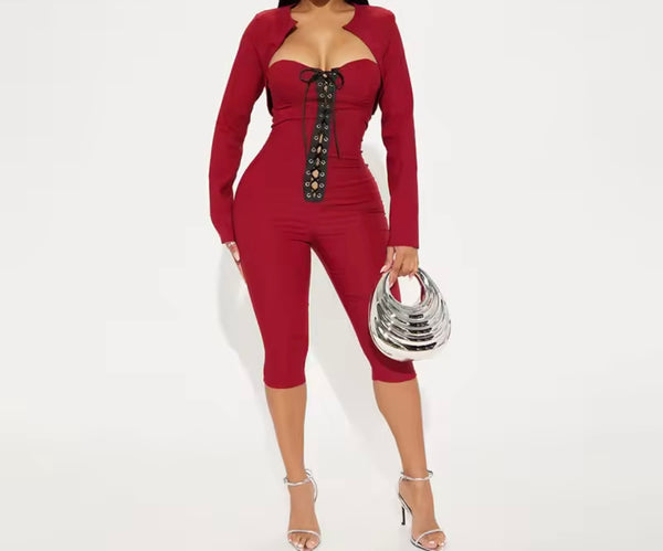 Women Sexy Fashion Lace Up Two Piece Capri Jumpsuit Set