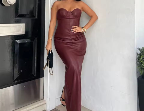 Women Sexy Strapless Burgundy Faux Leather Maxi Dress