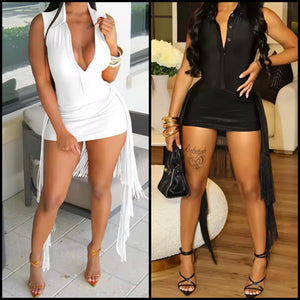 Women Sexy Button Up Sleeveless Bodysuit Two Piece Tassel Skirt Set