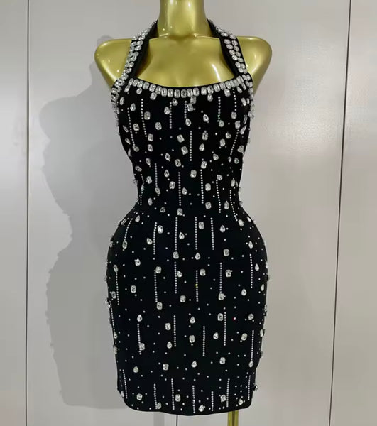 Women Sexy Halter Sleeveless Rhinestone Tassel Dress