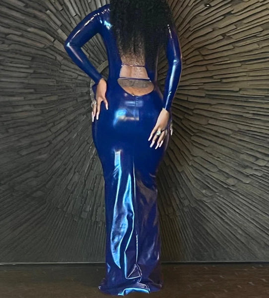 Women Sexy Blue Deep V-Neck Full Sleeve PU Maxi Dress