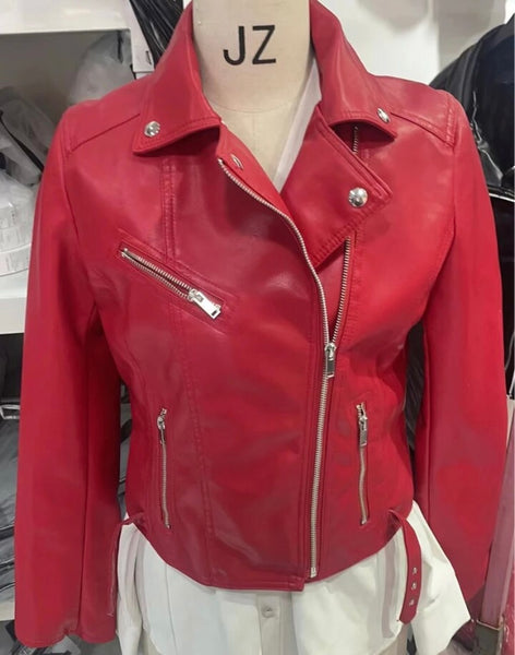 Women Fashion Zipper Color Faux Leather Jacket