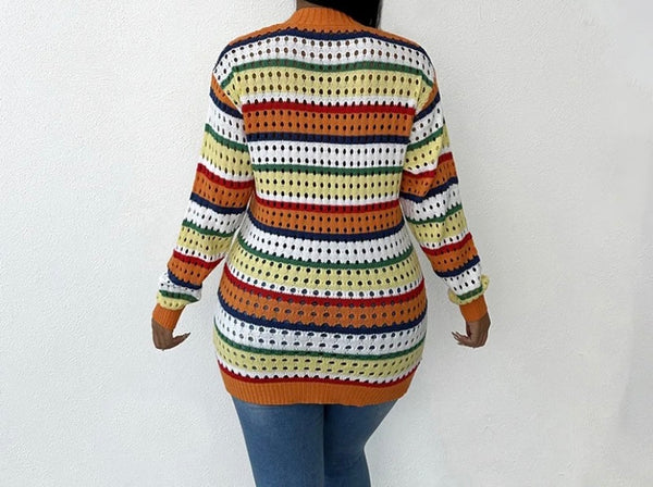 Women Fashion Multicolored Striped Button Up Knitted Top