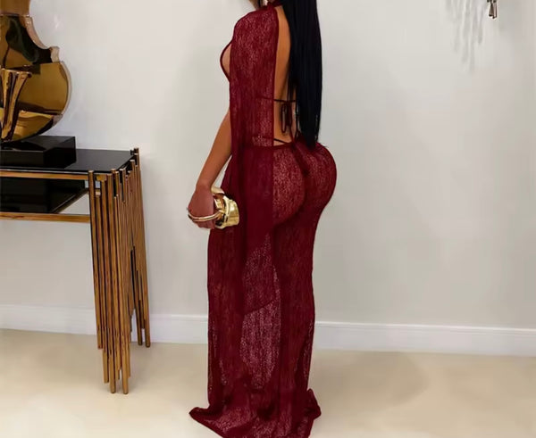 Women Sexy Lace Halter Open Back Sleeveless Maxi Dress