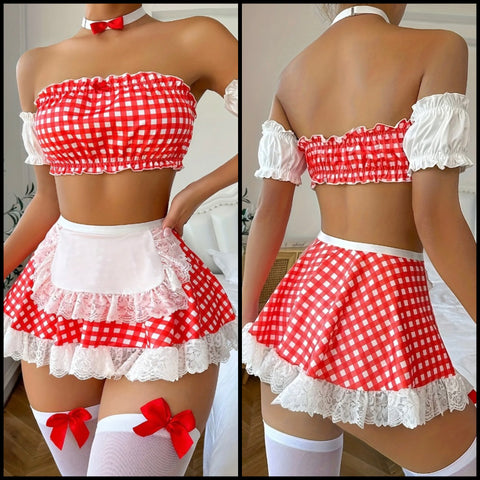 Women Sexy Red/White Checkered Choker Lingerie Set