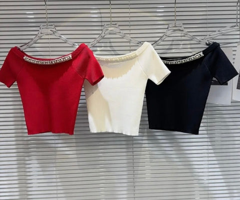 Women Fashion Ribbed Short Sleeve Pearl Patchwork Top