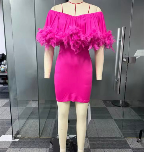 Women Pink Sexy Feather Off The Shoulder Dress