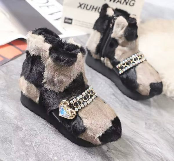 Women Bling Faux Fur Platform Ankle Boots