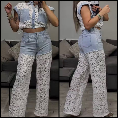 Women Fashion Denim Lace Patchwork Two Piece Pant Set