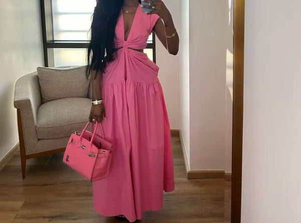 Women Pink Sexy Short Sleeve Cut Out Maxi Dress