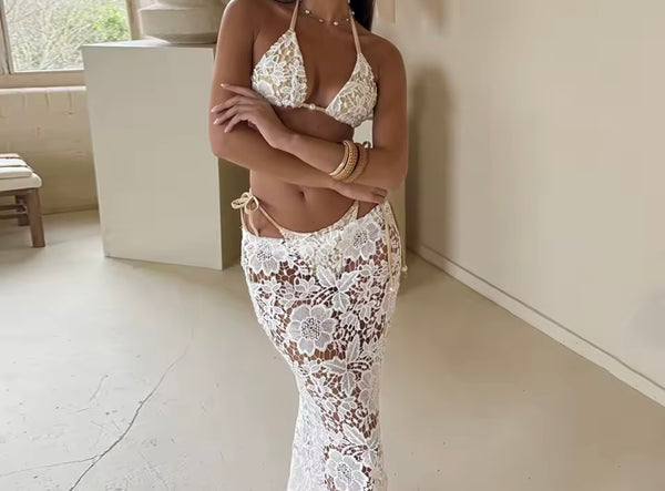 Women White Sexy Lace Bikini Cover Up Set