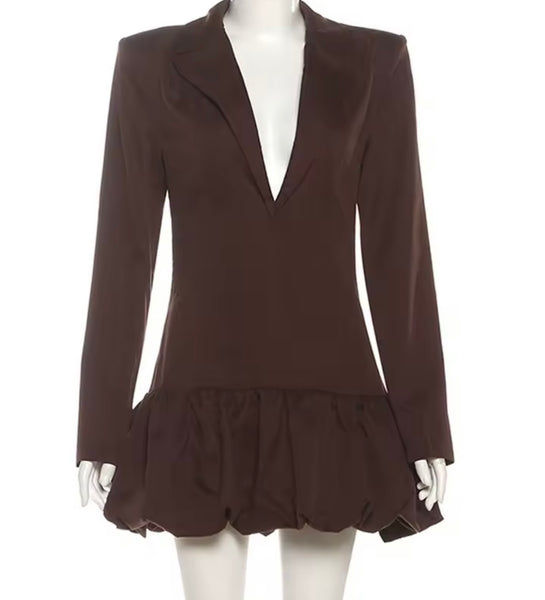 Women Sexy Brown Deep V-Neck Full Sleeve Blazer Dress