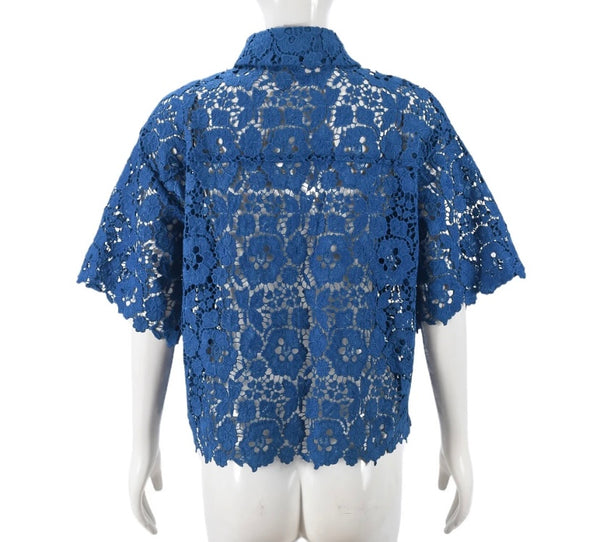 Women Sexy Fashion Blue Lace Short Sleeve Button Up Top