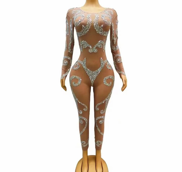 Women Sexy Nude Bling Full Sleeve Jumpsuit