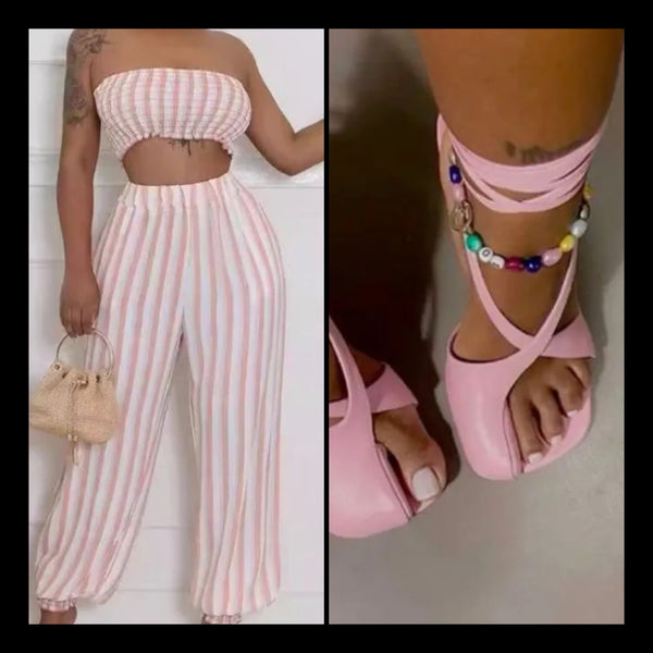 Women Sexy Strapless Striped Crop Two Piece Pant Set