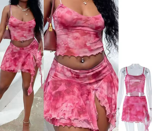 Women Sexy Sleeveless Pink Tie Dye Two Piece Skirt Set