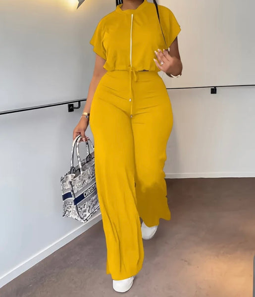Women Fashion Zip Up Short Sleeve Fashion Two Piece Pant Set