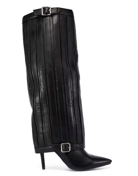 Women Pointed Toe Buckled Black Fashion Knee High Boots