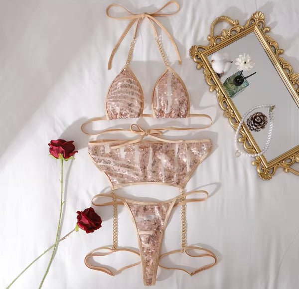 Women Sexy Gold Sequins Chain Lingerie Set
