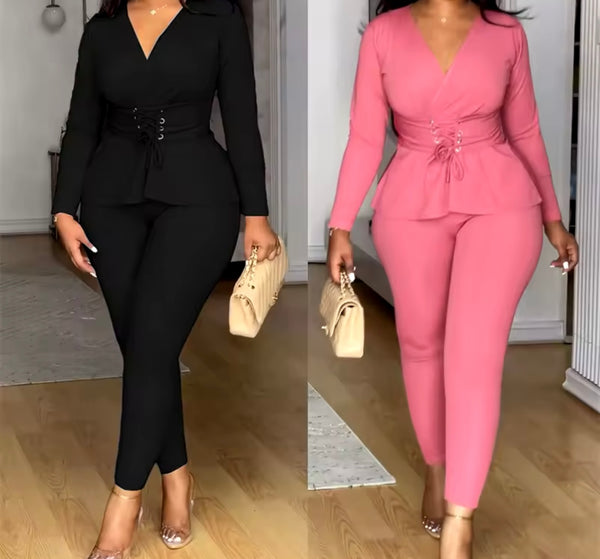 Women Solid Color Tie Up Full Sleeve Two Piece Pant Set