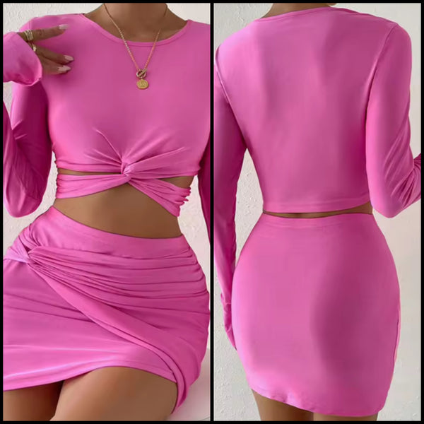 Women Pink Sexy Ruched Full Sleeve Crop Two Piece Skirt Set