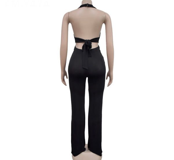 Women Sexy Sleeveless Solid Color Open Tie Up Back Jumpsuit