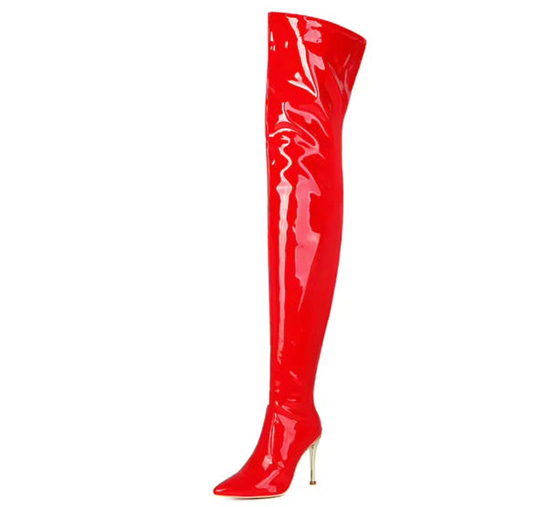 Women Fashion Patent Leather Thigh Length High Heel Boots