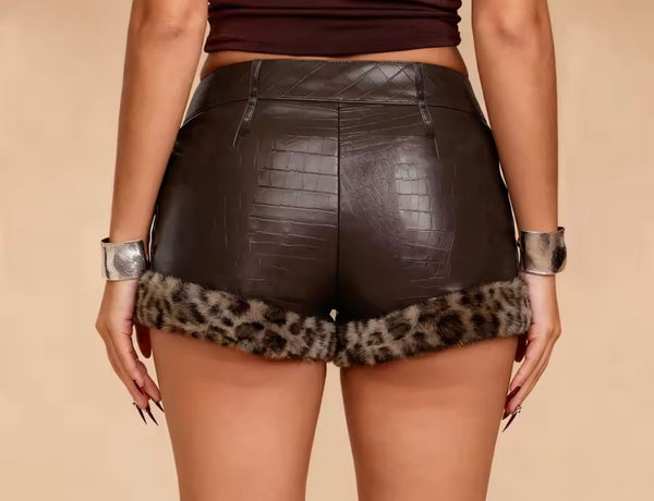 Women Fashion Leopard Fur Patchwork Faux Leather Shorts