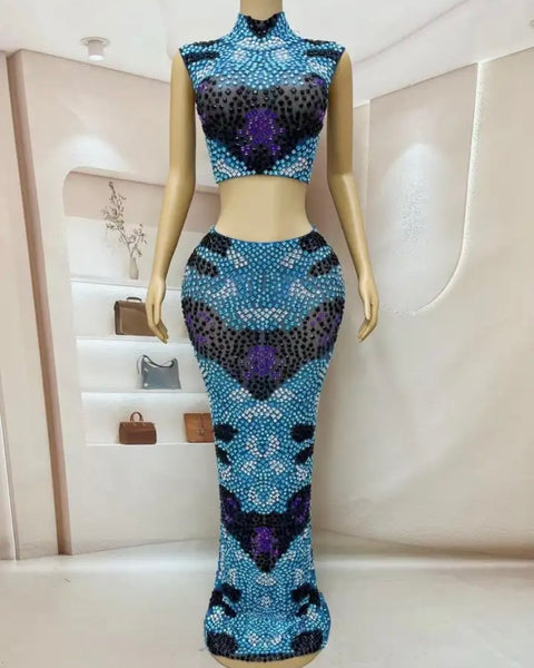 Women Sexy Color Patchwork Bling Sleeveless Two Piece Maxi Skirt Set