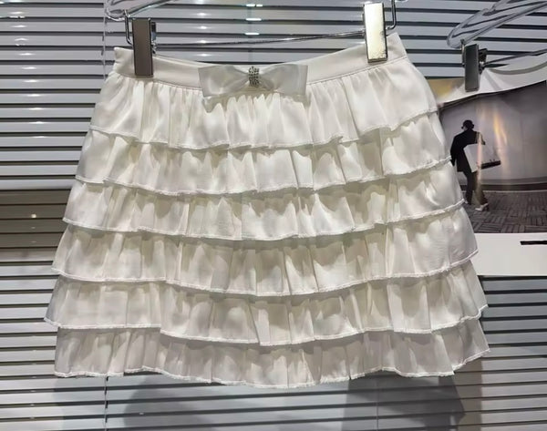 Women Fashion Color Ruffled Bow Skirt