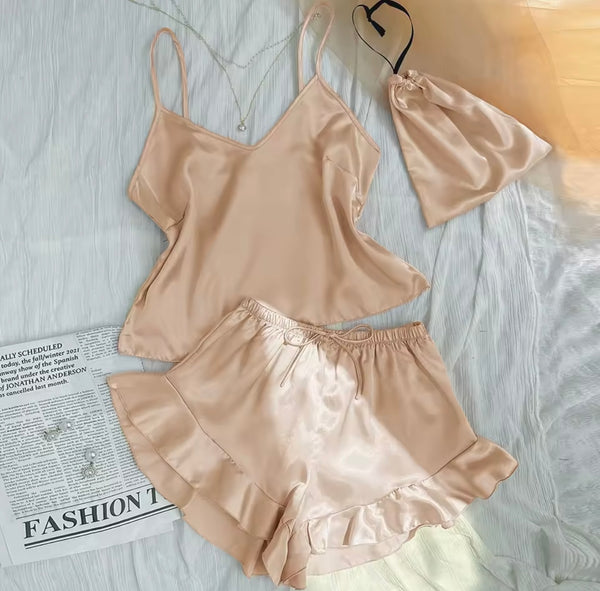Women Sleeveless Satin Ruffled Lingerie Set