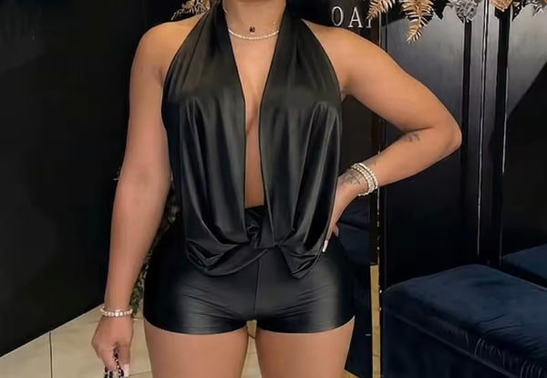 Women Sexy Draped Halter Sleeveless Open Back Romper