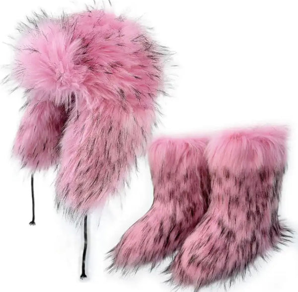 Women Fashion Color Faux Fur Ankle Boots Hat Set