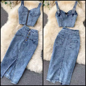 Women Sexy Zip Up Sleeveless Two Piece Denim Maxi Skirt Set