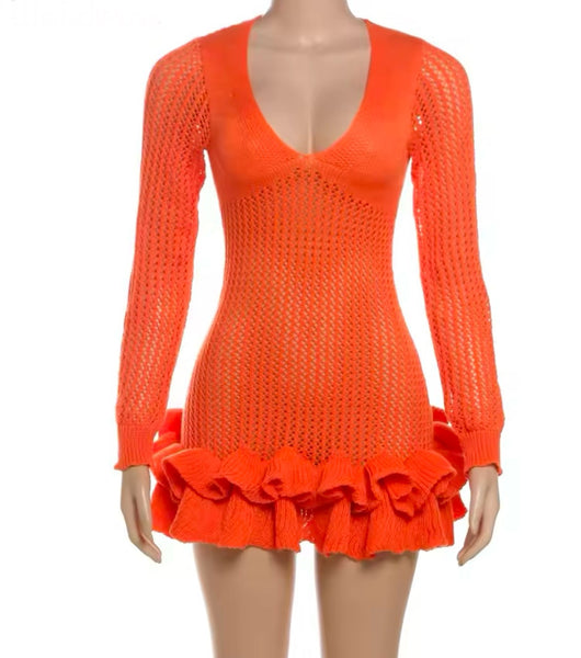 Women Sexy Color Knitted Ruffled Full Sleeve Dress