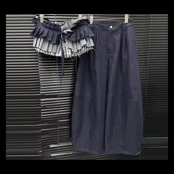 Women Strapless Plaid Denim Two Piece Wide Leg Pant Set